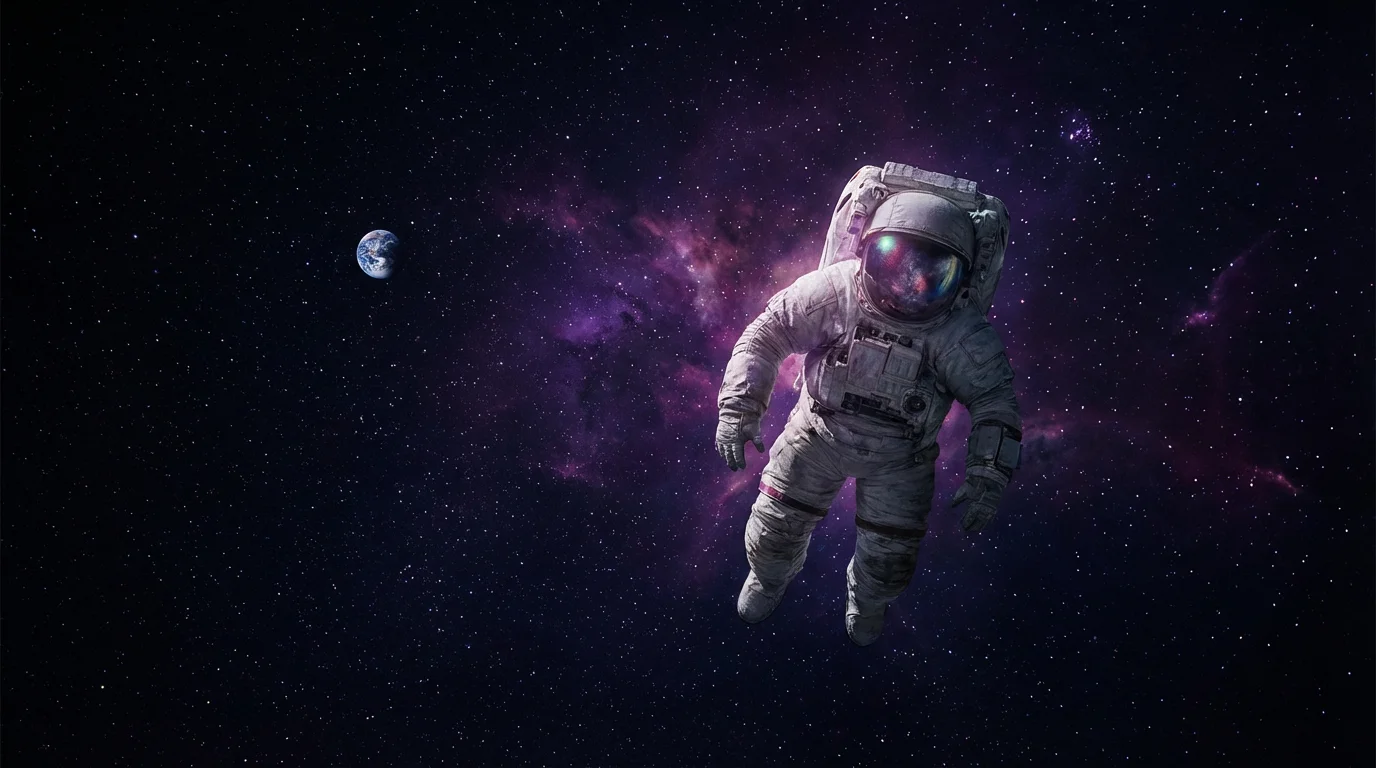 An artistic rendering of a lonely astronaut floating in deep space, with the small, distant Earth and a colorful nebula in the background, conveying a sense of solitude.