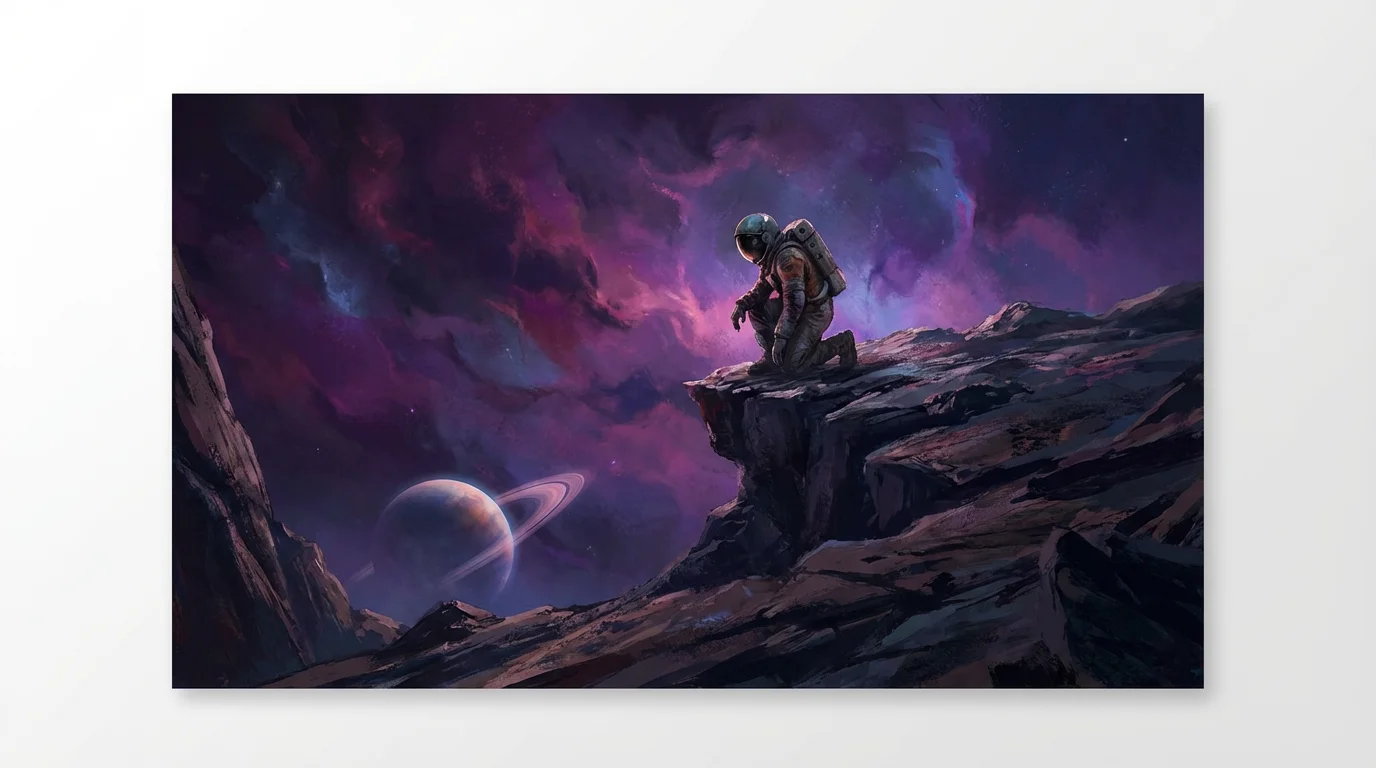 A digital painting of a lonely astronaut sitting on a cliff on an alien planet, looking out at a vast and colorful nebula in a star-filled sky, conveying a sense of solitude and wonder.
