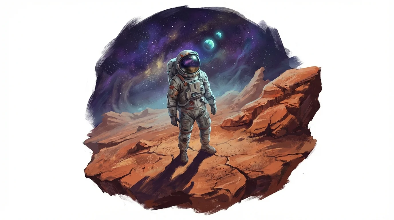 Digital art piece depicting a lone astronaut in a white spacesuit standing on a barren alien planet, looking up at a vast purple and blue nebula in a star-filled sky.