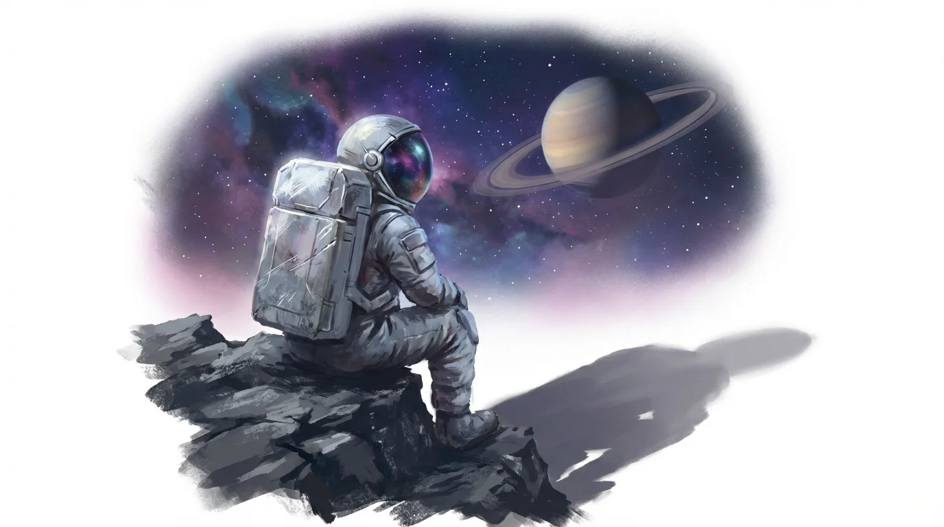 A digital painting of a solitary astronaut sitting on an alien moon, looking out at a vast and colorful nebula in deep space, conveying a sense of loneliness and awe.