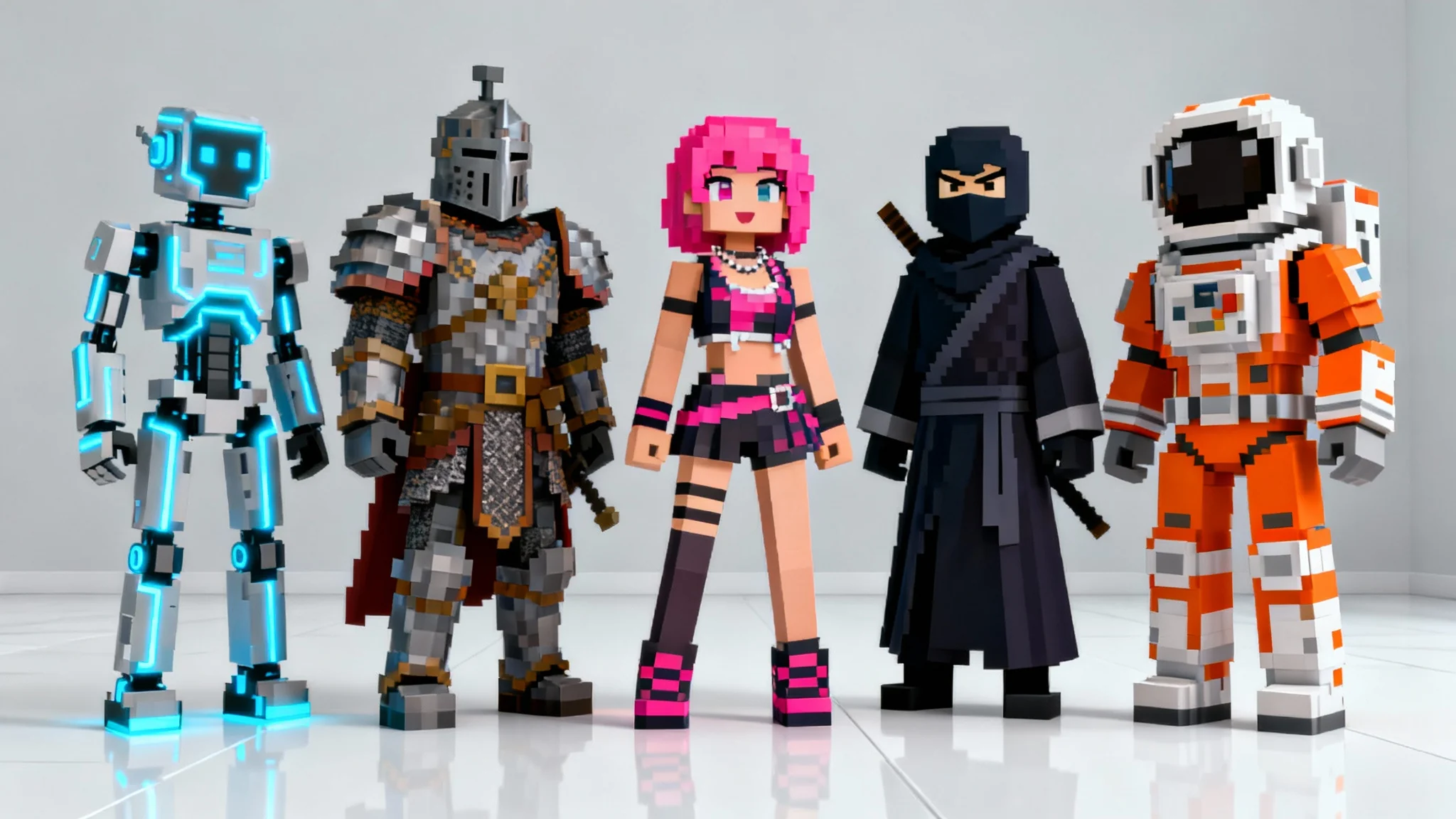 A lineup of five custom-designed Minecraft character skins, including a cyborg, knight, pop star, ninja, and astronaut, shown in a polished 3D render.