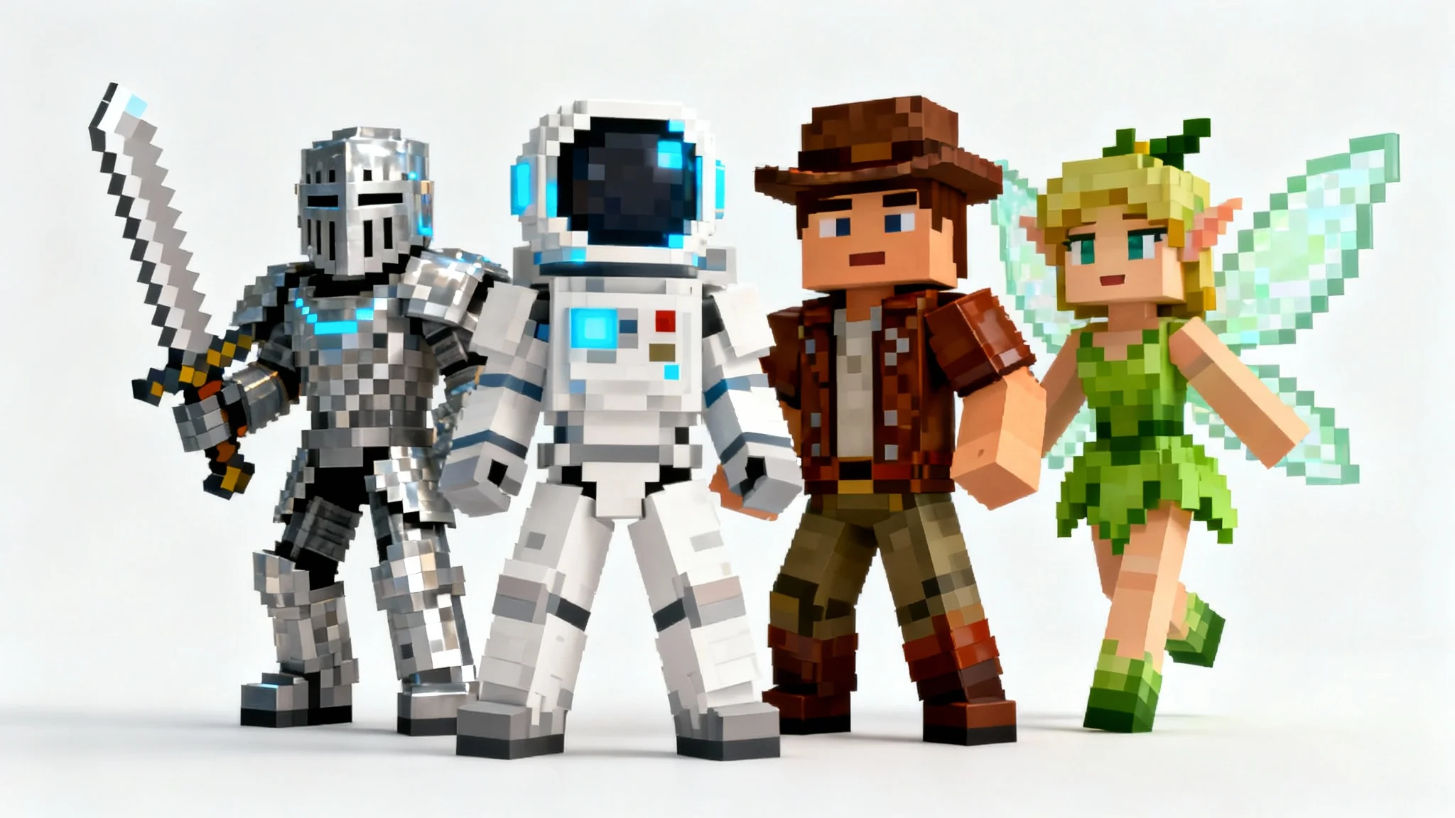 A showcase of four custom Minecraft skins, featuring a knight, an astronaut, an explorer, and a fairy, all rendered in the classic blocky style against a clean white background.