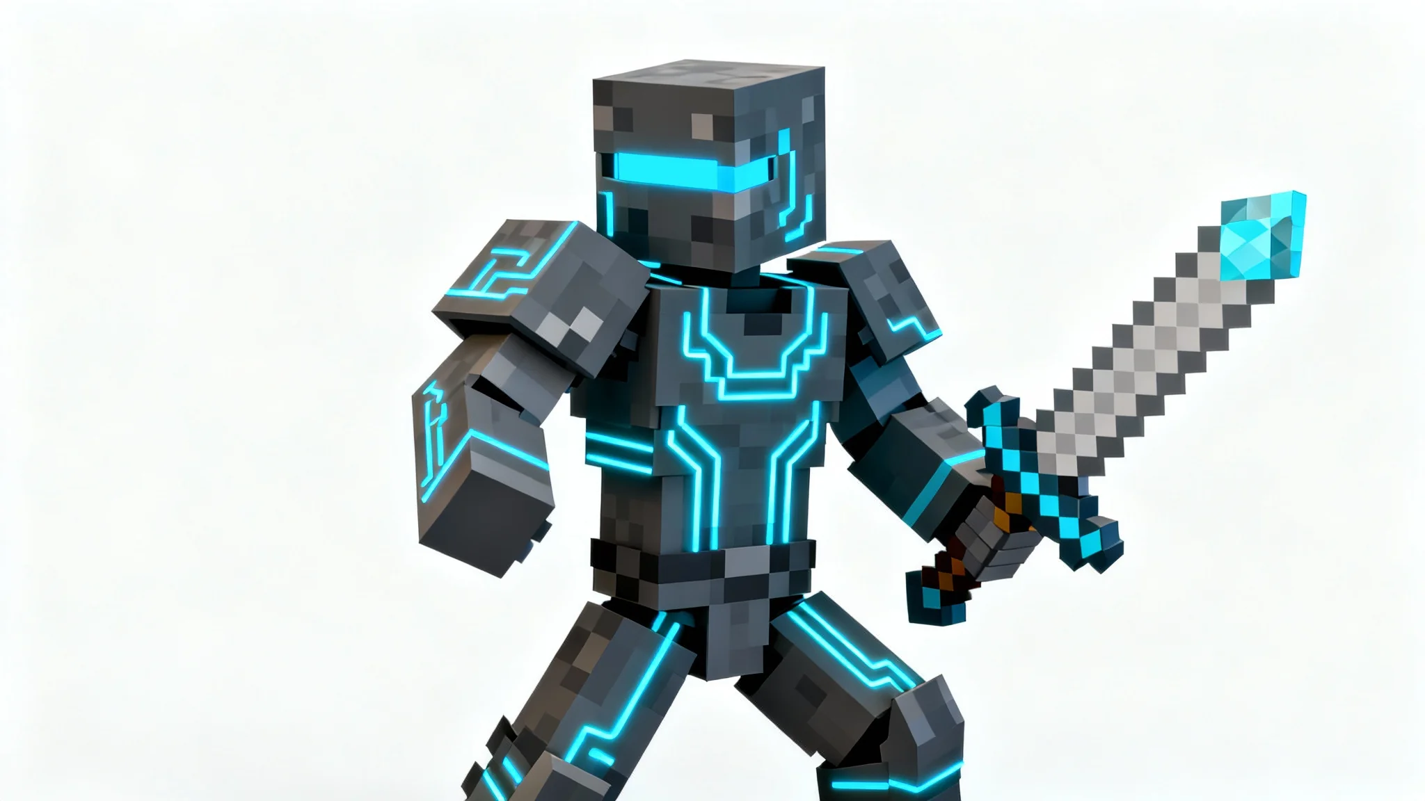 A 3D model of a custom Minecraft skin, featuring a futuristic knight with glowing blue details, posed against a clean white background.