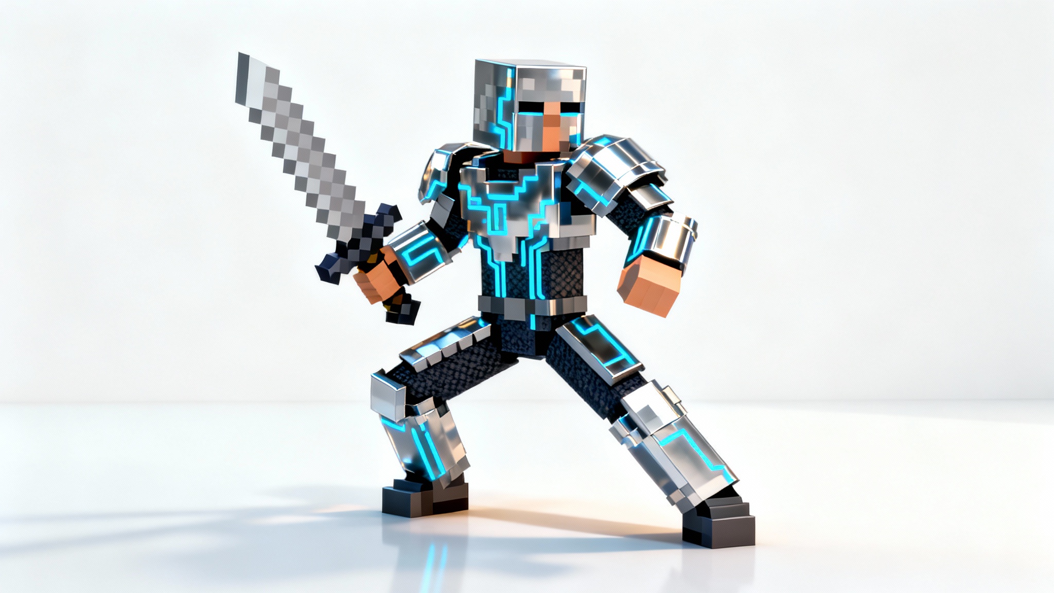 A 3D mockup of a custom Minecraft character skin, featuring a futuristic knight in detailed armor standing against a plain white background.