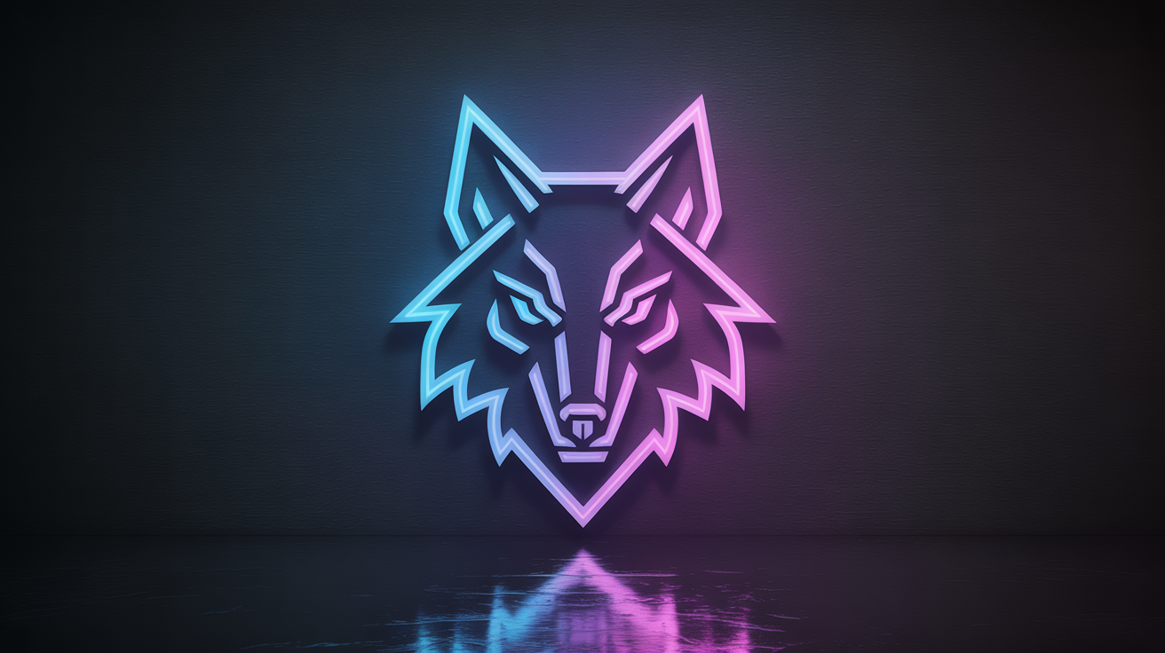 A futuristic wolf head logo glowing with a vibrant blue and pink neon light, set against a dark, textured background, demonstrating a finished glow logo effect.