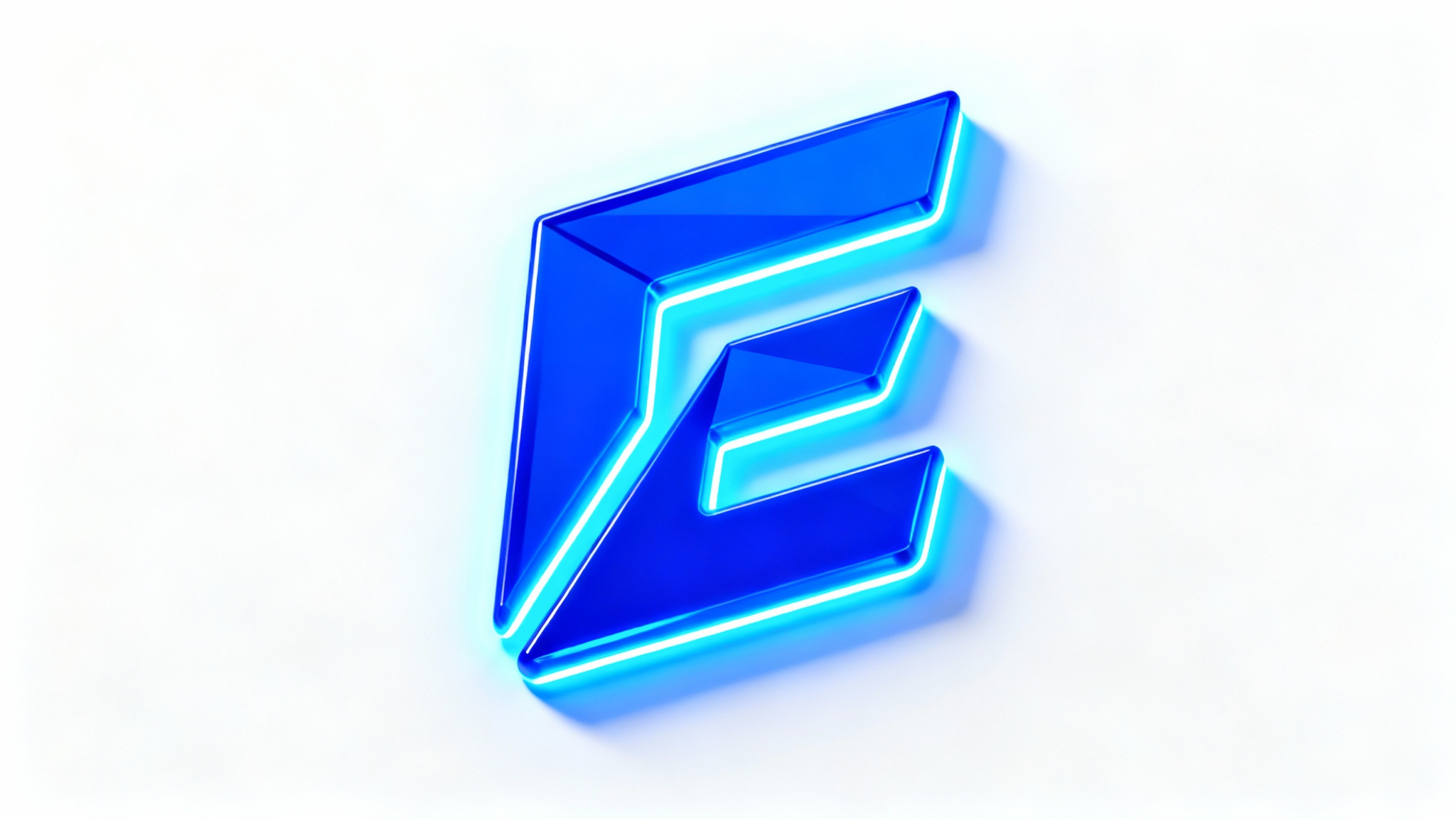 A modern, electric blue logo in the shape of a stylized 'E', glowing brightly against a clean white background, demonstrating a glow logo effect.