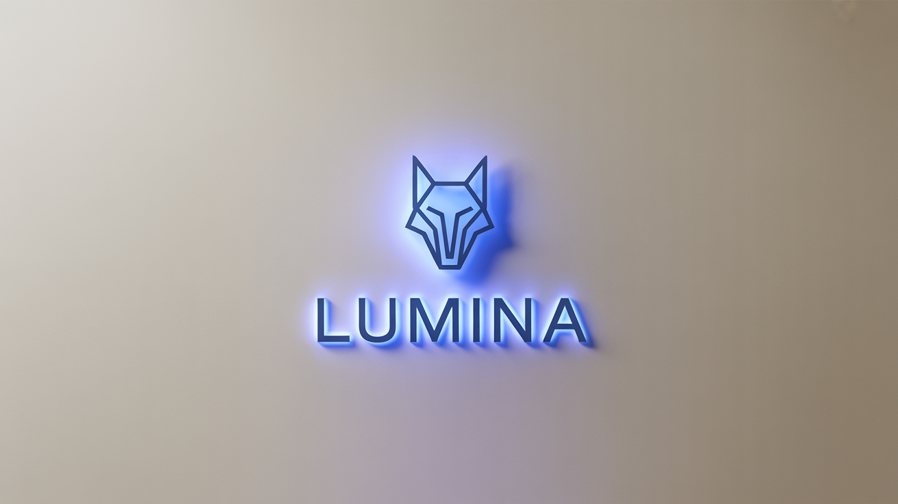 A photorealistic mockup of a glowing logo for a fictional brand named 'LUMINA', featuring a geometric wolf head icon glowing electric blue on a clean white background.