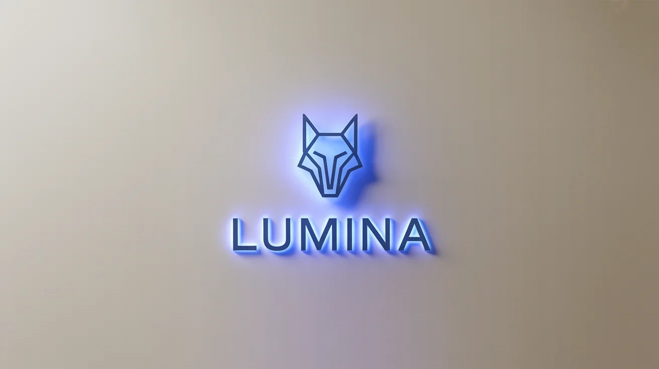 A photorealistic mockup of a glowing logo for a fictional brand named 'LUMINA', featuring a geometric wolf head icon glowing electric blue on a clean white background.