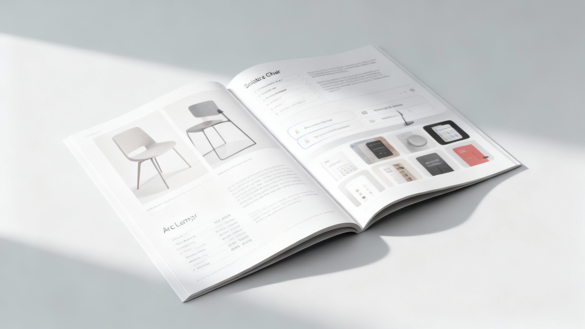An open, professionally designed product catalog for a modern furniture brand, displayed on a clean surface. The layout is minimalist, featuring high-quality photos of furniture and elegant text.