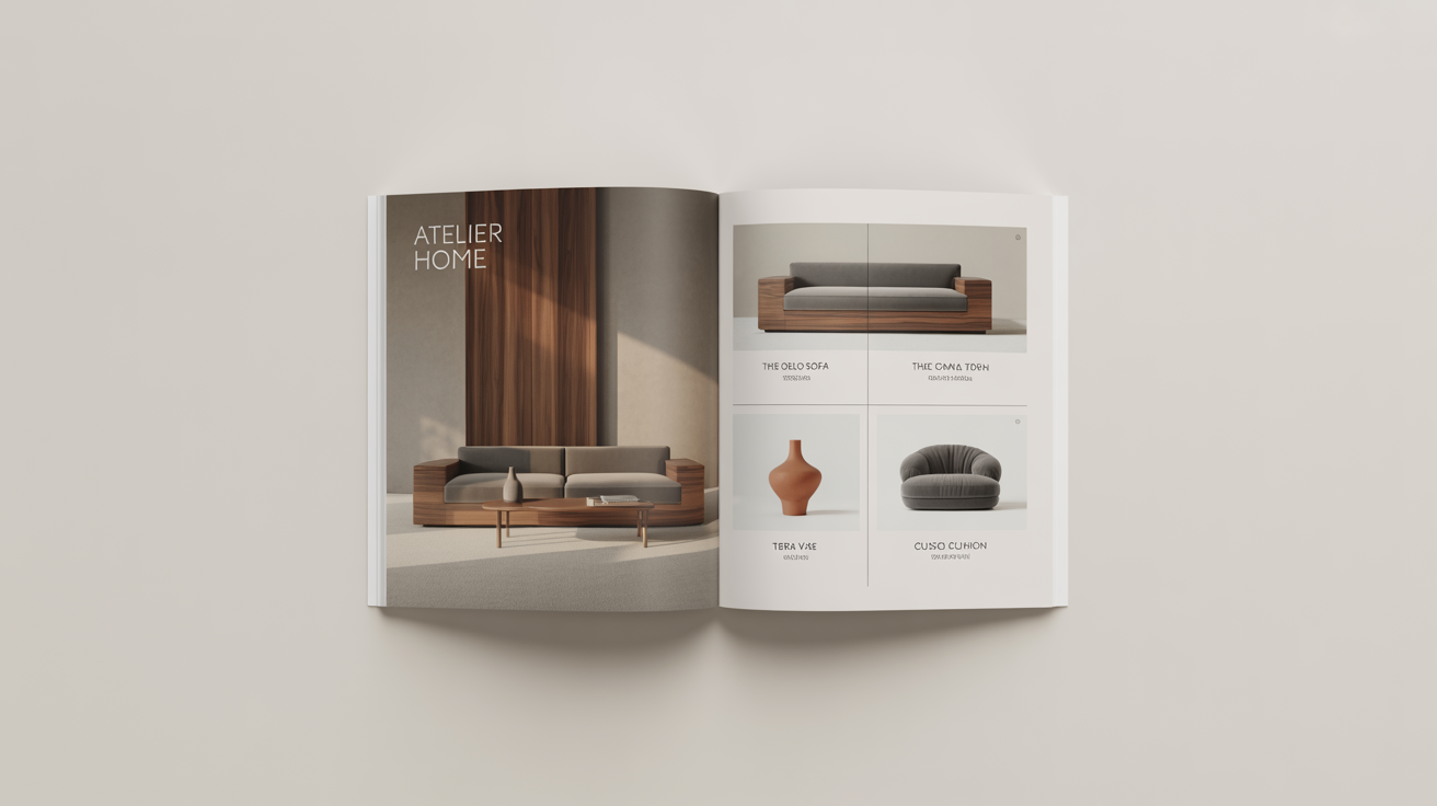 A photorealistic mockup of an open, high-end furniture catalog from 'Atelier Home' resting on a white surface, showing product images and descriptions.