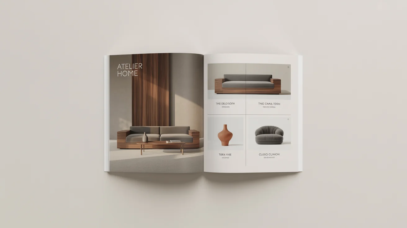 A photorealistic mockup of an open, high-end furniture catalog from 'Atelier Home' resting on a white surface, showing product images and descriptions.