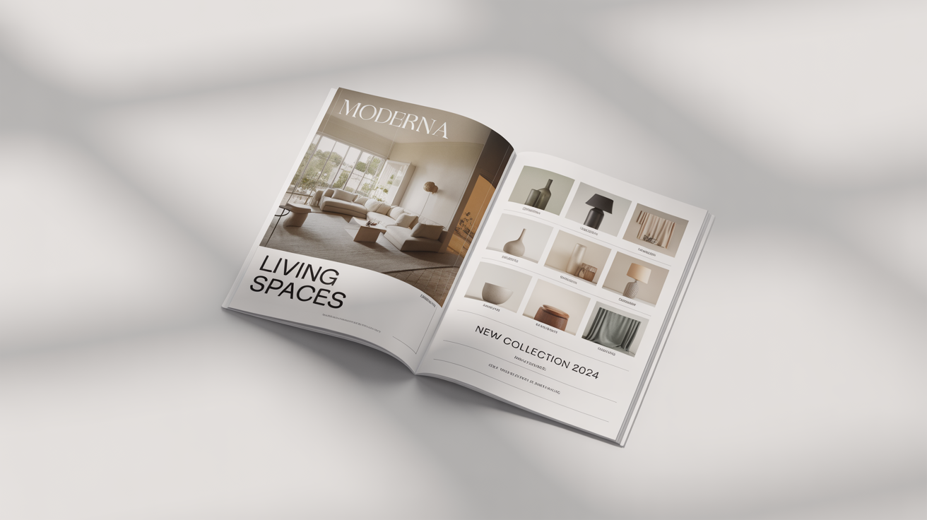 A photorealistic mockup of an open product catalog for the brand 'MODERNA', showcasing modern furniture and home decor from the 'New Collection 2024', set against a clean white background.