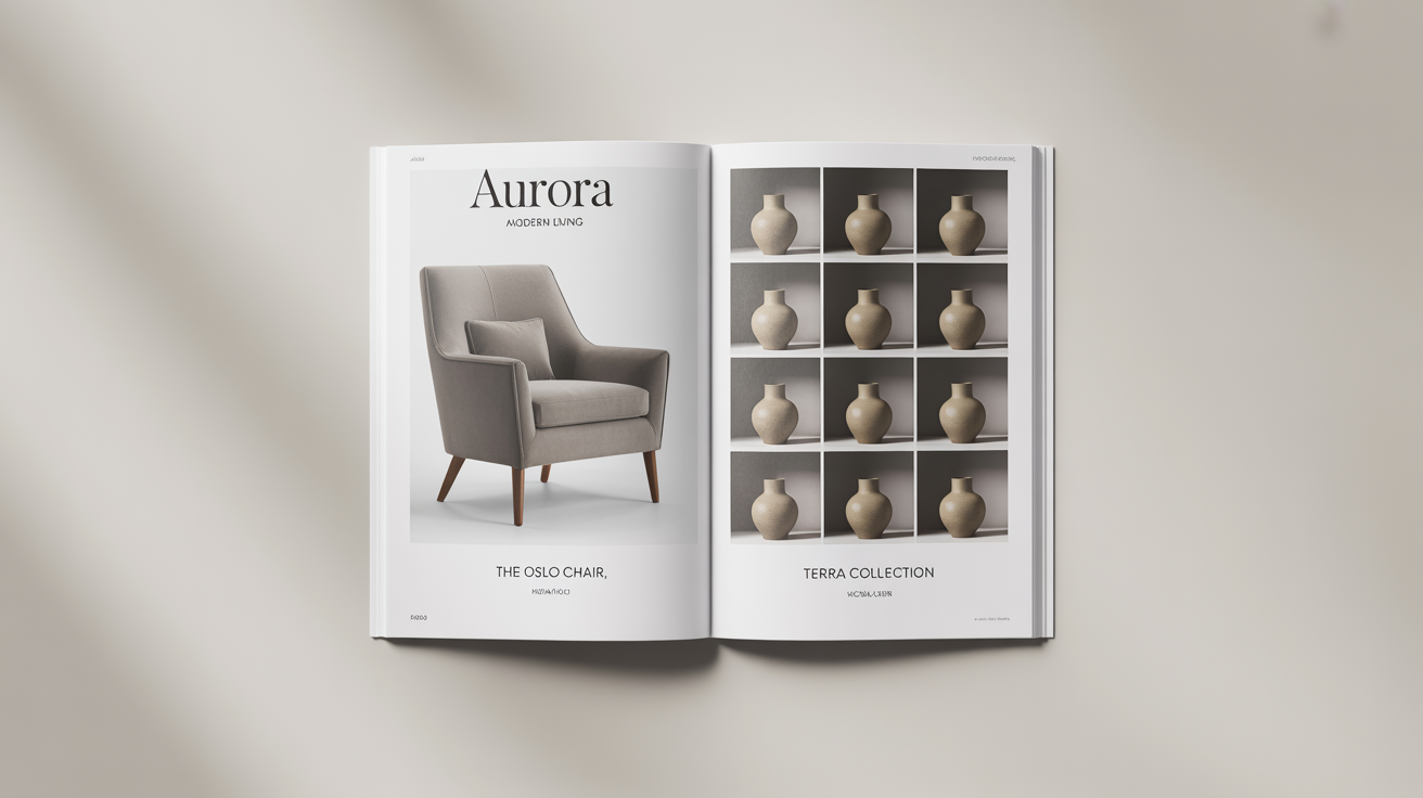An open, high-end product catalog for a modern home goods brand, showcasing furniture and decor with a clean design, set against a plain white background.