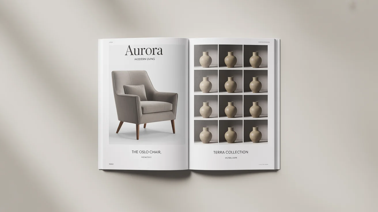 An open, high-end product catalog for a modern home goods brand, showcasing furniture and decor with a clean design, set against a plain white background.