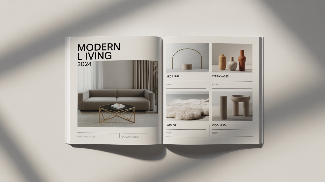 An open, high-quality product catalog mockup showing modern furniture and home decor, laid flat on a clean white background.