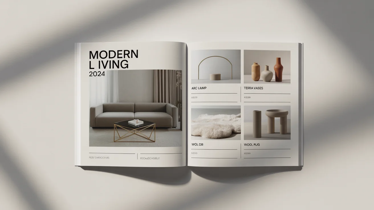 An open, high-quality product catalog mockup showing modern furniture and home decor, laid flat on a clean white background.