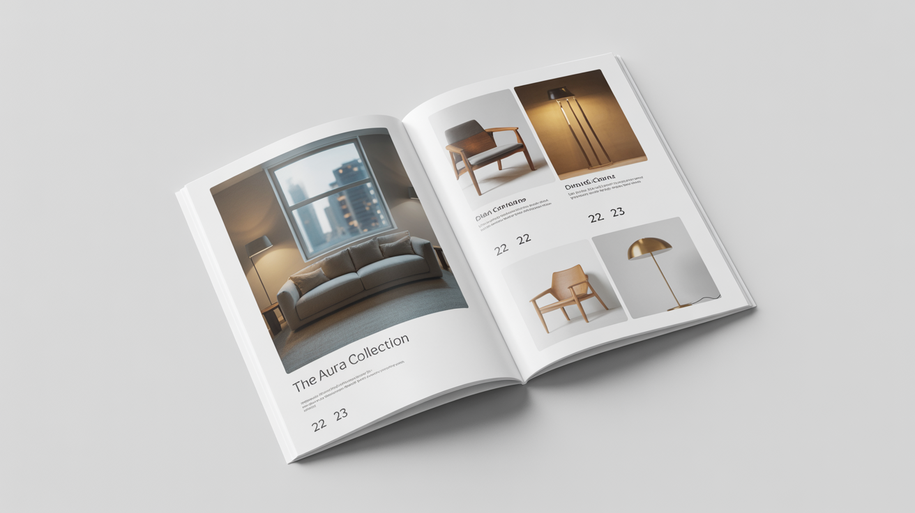 An open high-end furniture catalog lying on a white surface. The pages show modern furniture, including a gray sofa, with the headline 'The Aura Collection'.