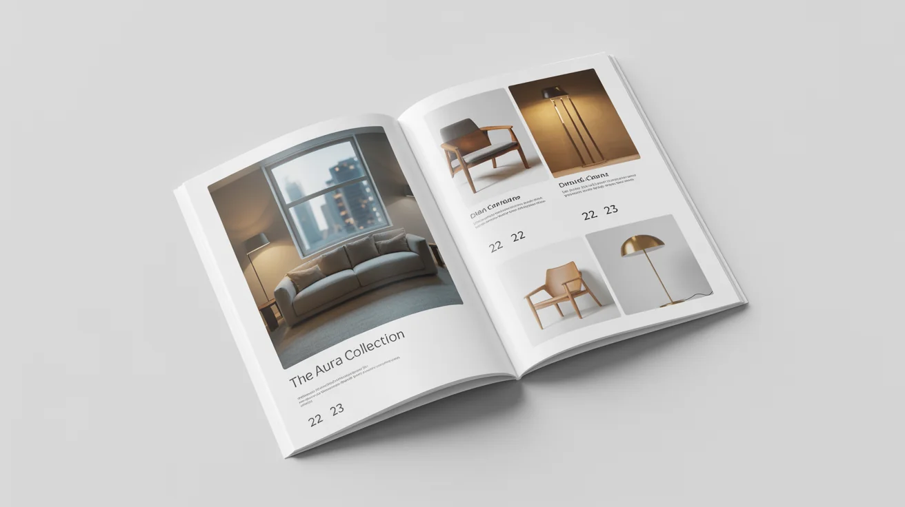 An open high-end furniture catalog lying on a white surface. The pages show modern furniture, including a gray sofa, with the headline 'The Aura Collection'.