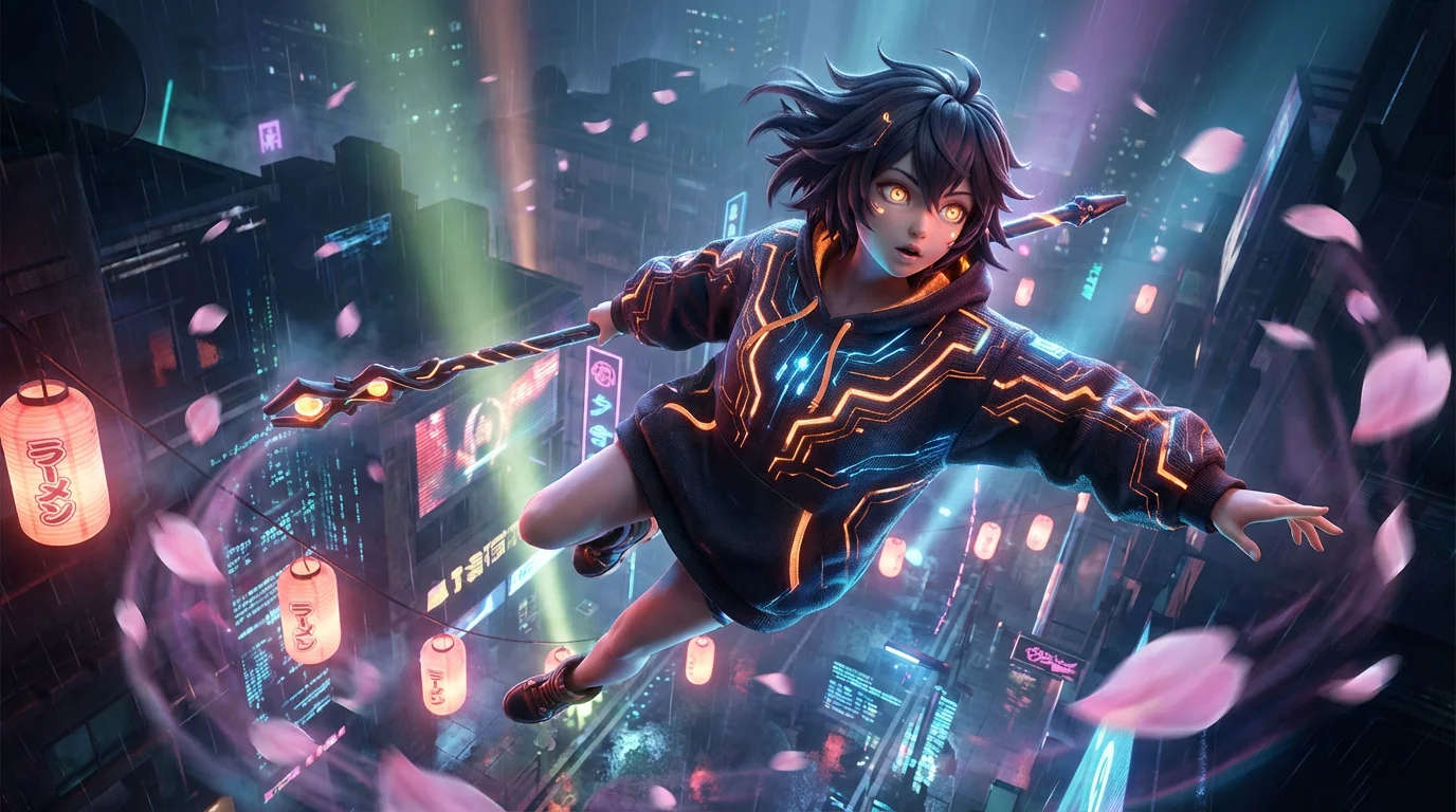 A stunning, hyper-detailed piece of fan art showing the character Nokotan in a dynamic mid-air pose. The art style is cinematic and realistic, set against a futuristic city at night, complete with neon lights, floating lanterns, and cherry blossoms. This represents a final, polished design output.