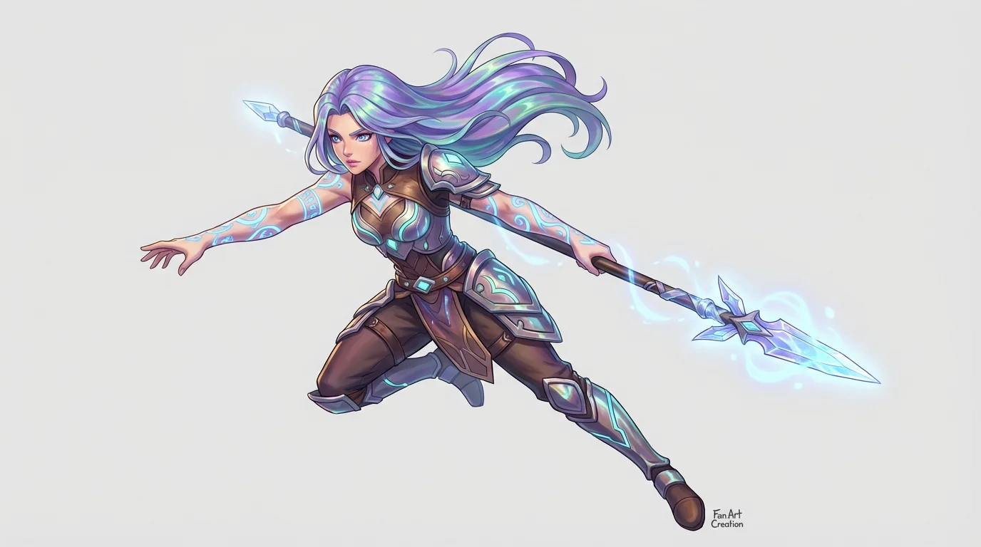 A vibrant digital fan art painting of a fantasy female warrior with iridescent hair and a glowing spear, depicted in a dynamic pose against a clean, light gray background.