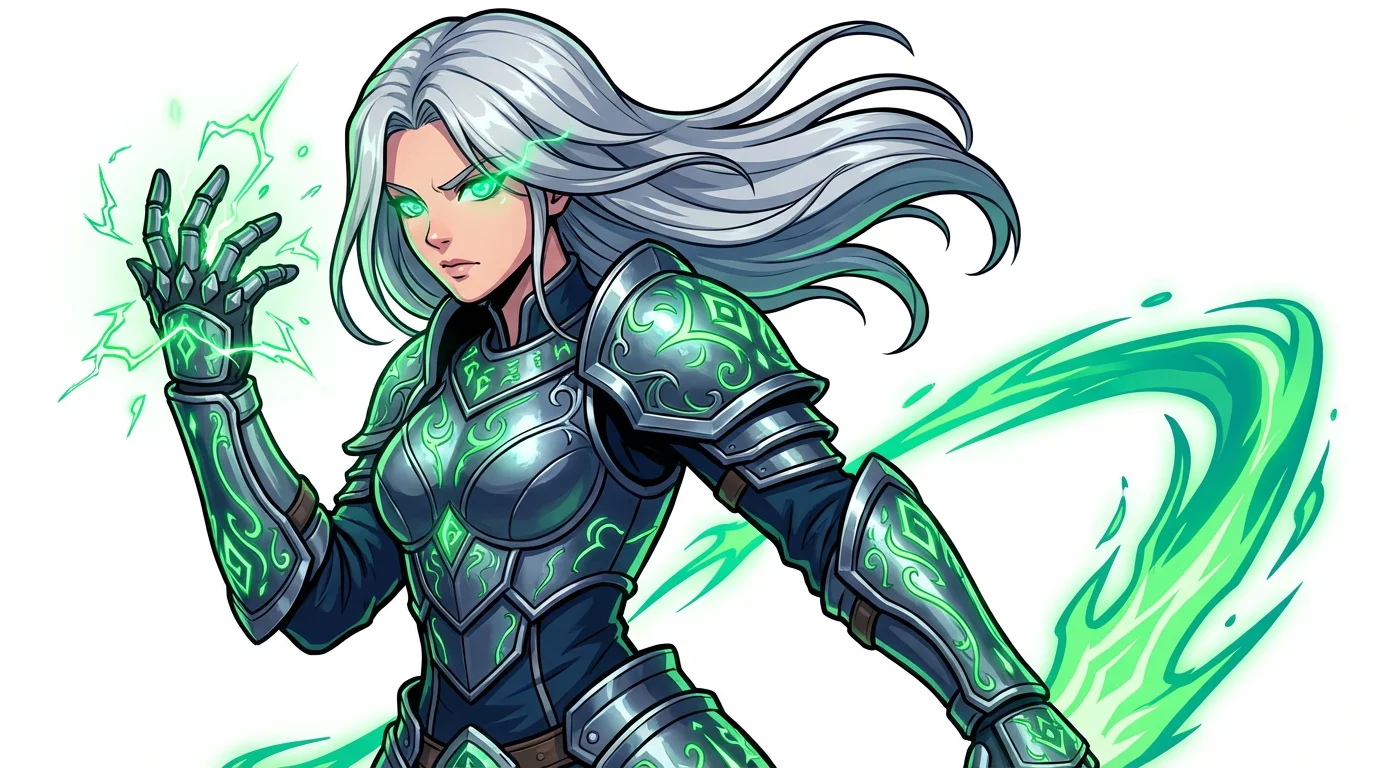 A digital painting in an anime fan art style of a female warrior with silver hair and glowing green eyes, set against a plain white background.