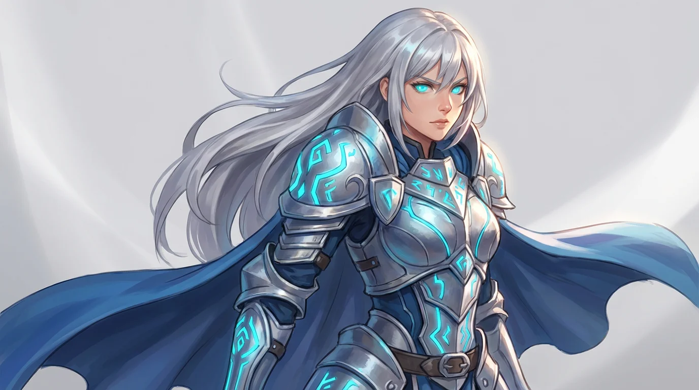 A digital fan art illustration of a female fantasy knight with silver hair and glowing eyes, wearing ornate armor against a light gray background.