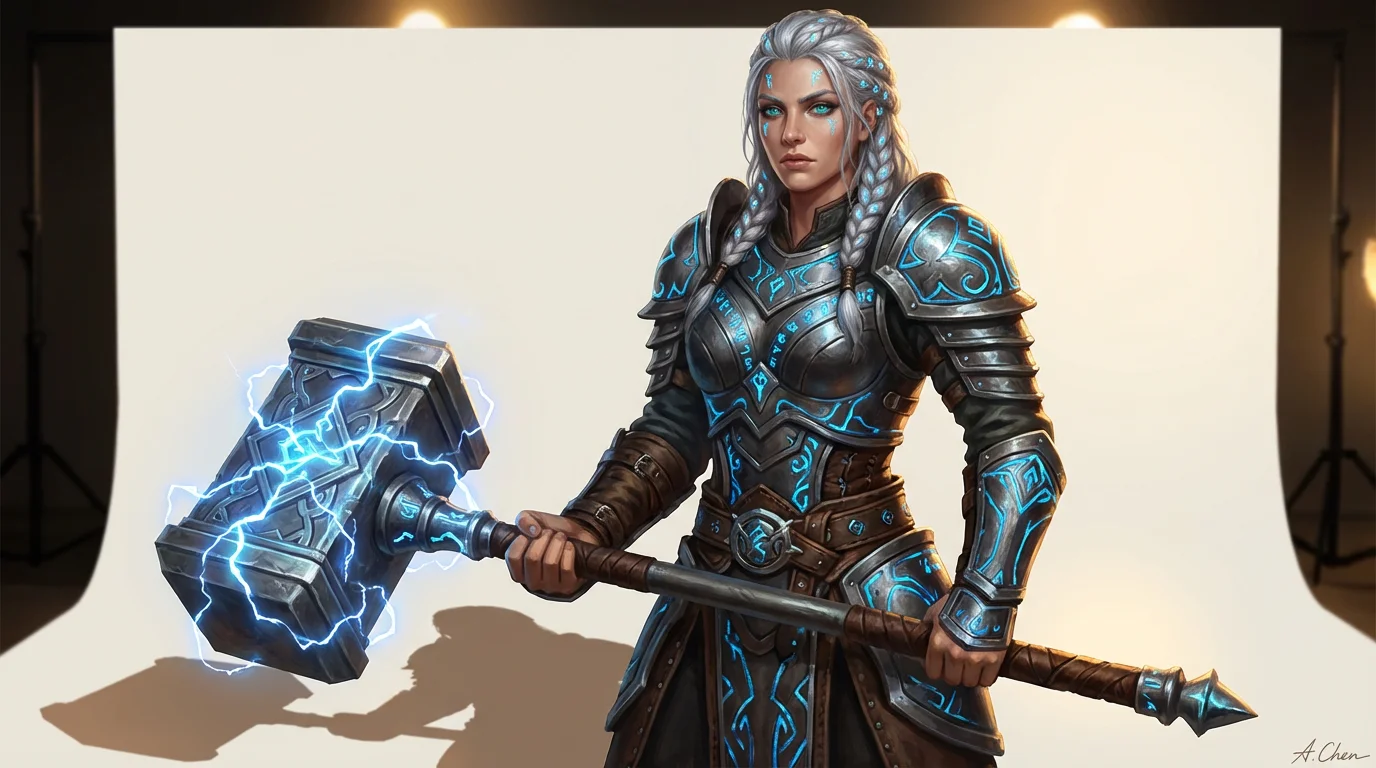 A digital painting of a female fantasy warrior with silver hair and glowing eyes, holding a massive war hammer that glows with blue energy, set against a plain background.