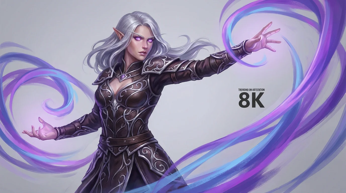 A digital fan art painting of a powerful female elven sorceress with silver hair casting a glowing purple spell, set against a clean, light gray background.