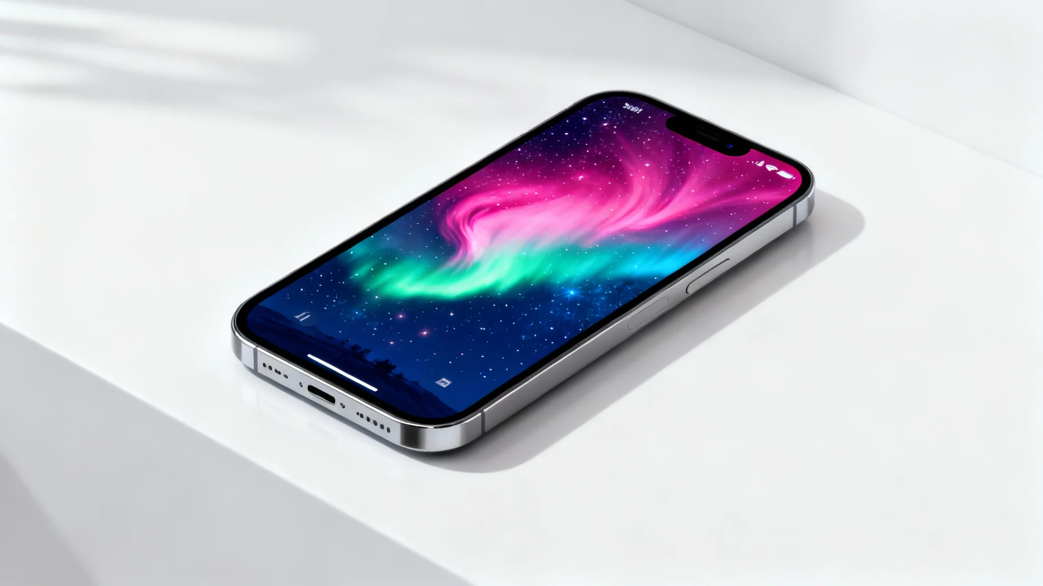 A modern iPhone displaying a beautiful custom wallpaper featuring a colorful aurora borealis against a starry night sky, presented in a clean, professional product mockup.