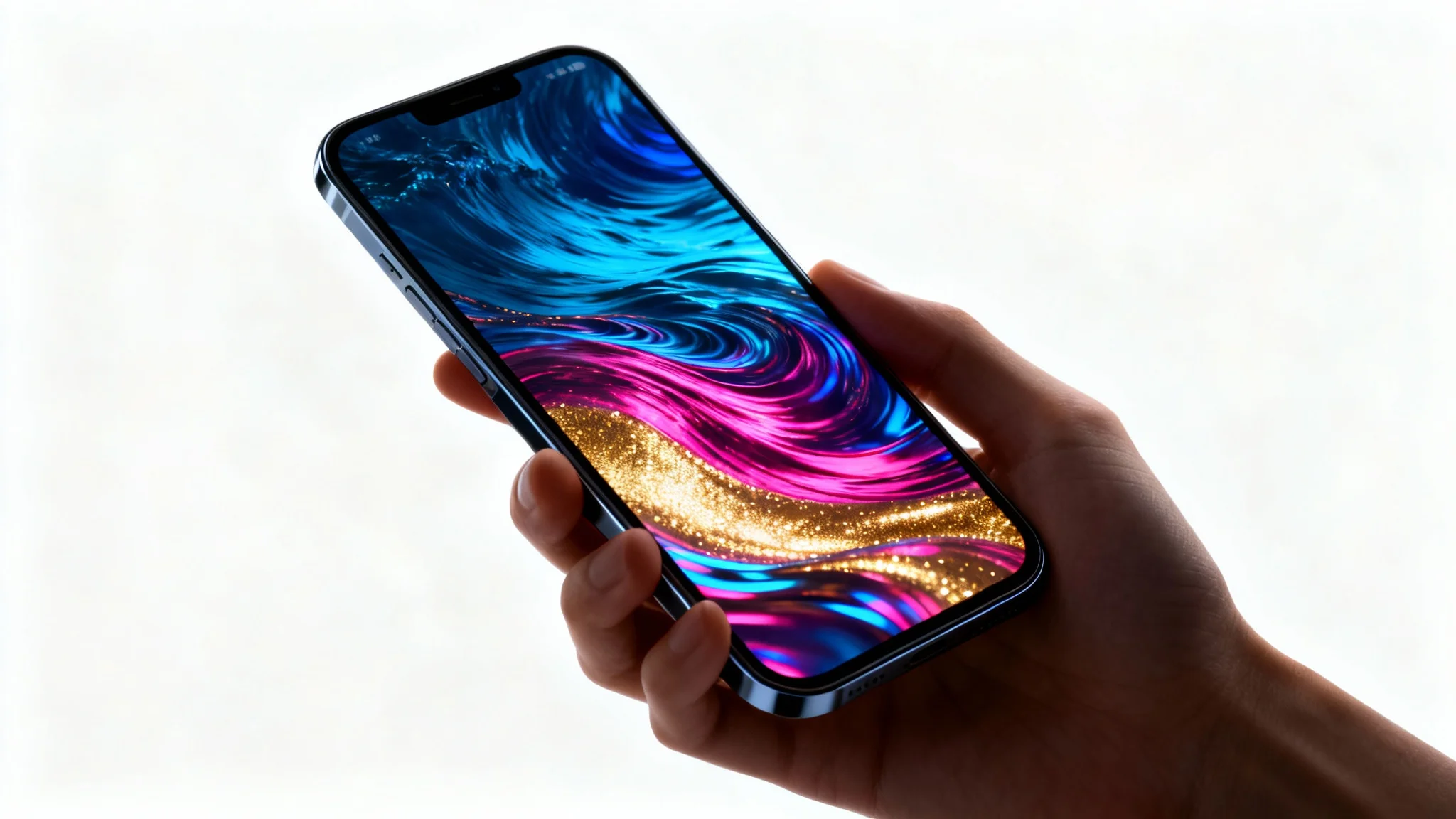 A close-up of a hand holding a modern smartphone against a plain white background, showcasing a vibrant and colorful abstract wallpaper with swirling blue, pink, and gold patterns.
