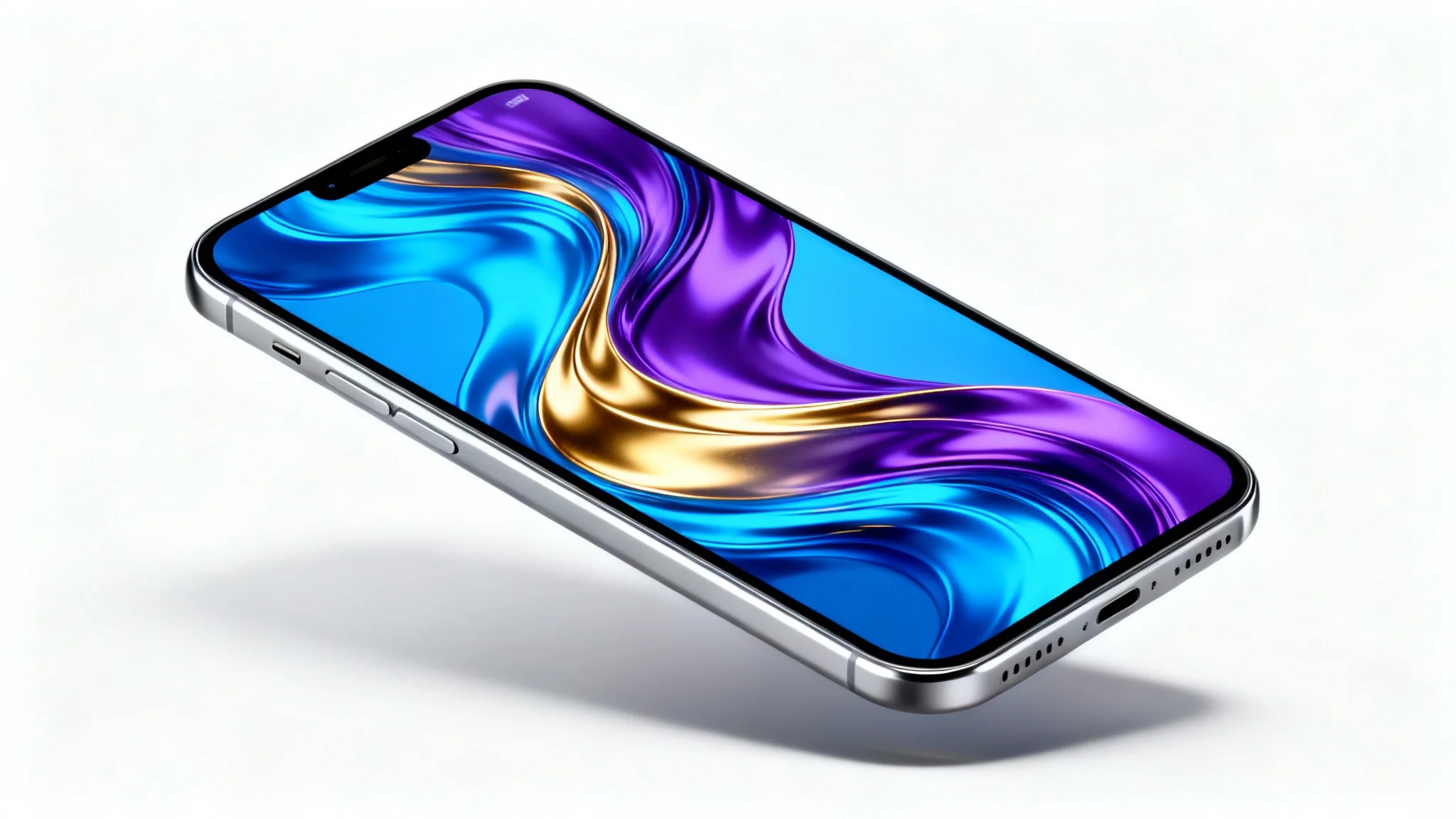 A photorealistic mockup of a modern smartphone displaying a vibrant, abstract wallpaper with blue, purple, and gold swirls, set against a clean white background.
