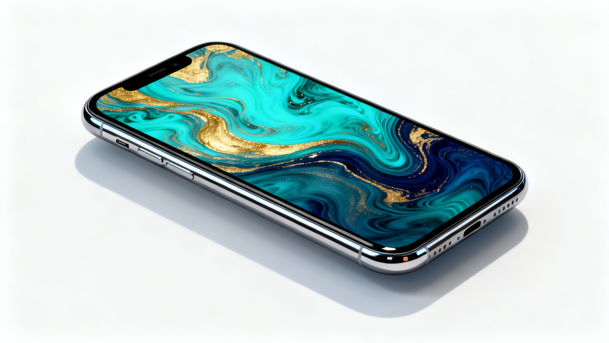 A photorealistic mockup of a modern smartphone displaying a colorful, abstract liquid marble wallpaper, set against a plain white background.