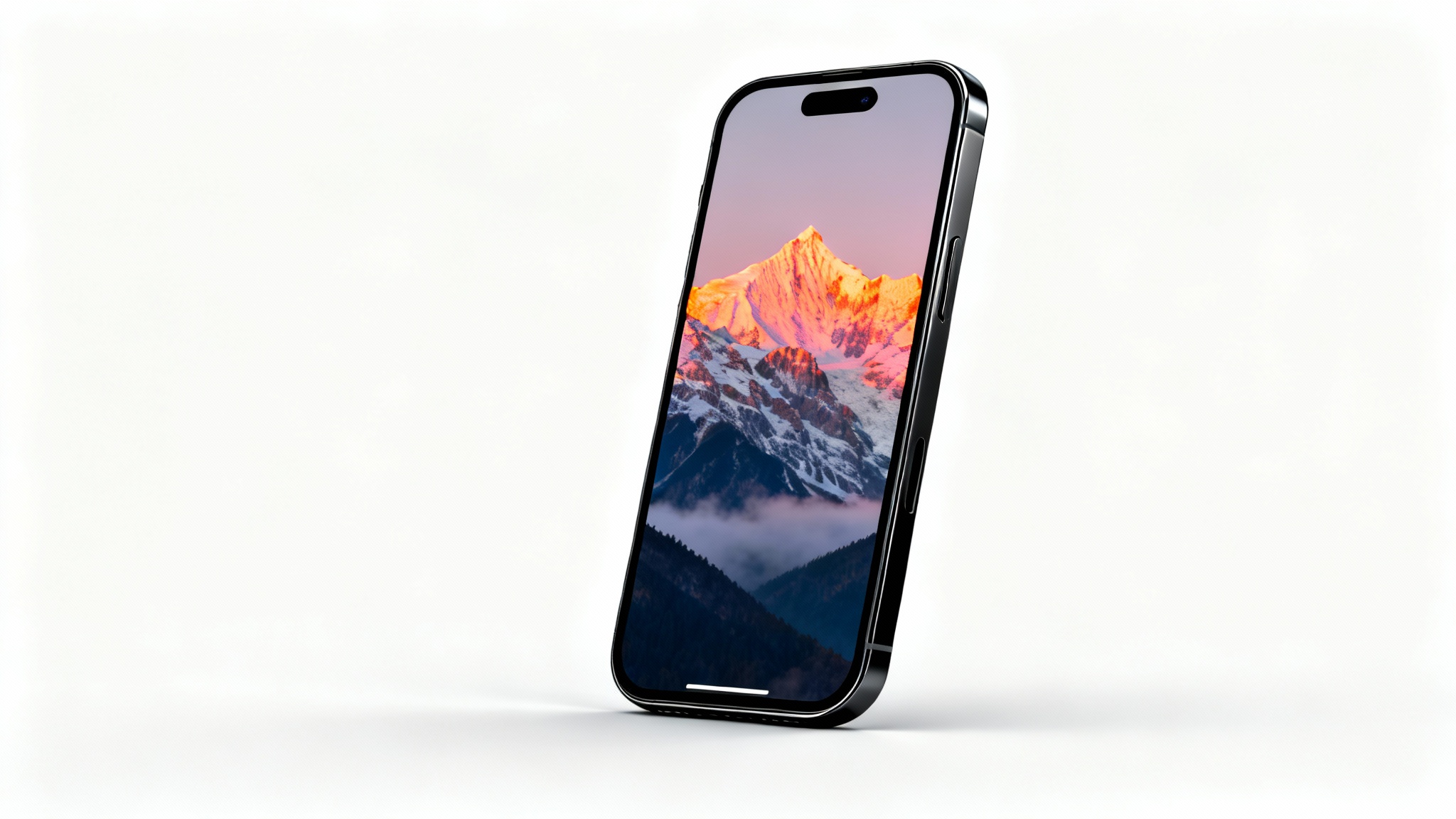 A photorealistic mockup of a black iPhone displaying a stunning wallpaper of a mountain range at sunrise, set against a clean white background.
