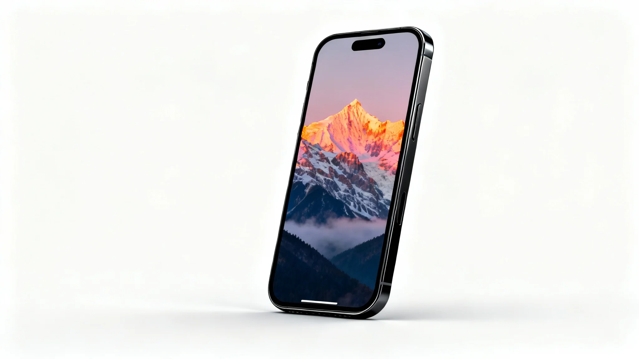 A photorealistic mockup of a black iPhone displaying a stunning wallpaper of a mountain range at sunrise, set against a clean white background.