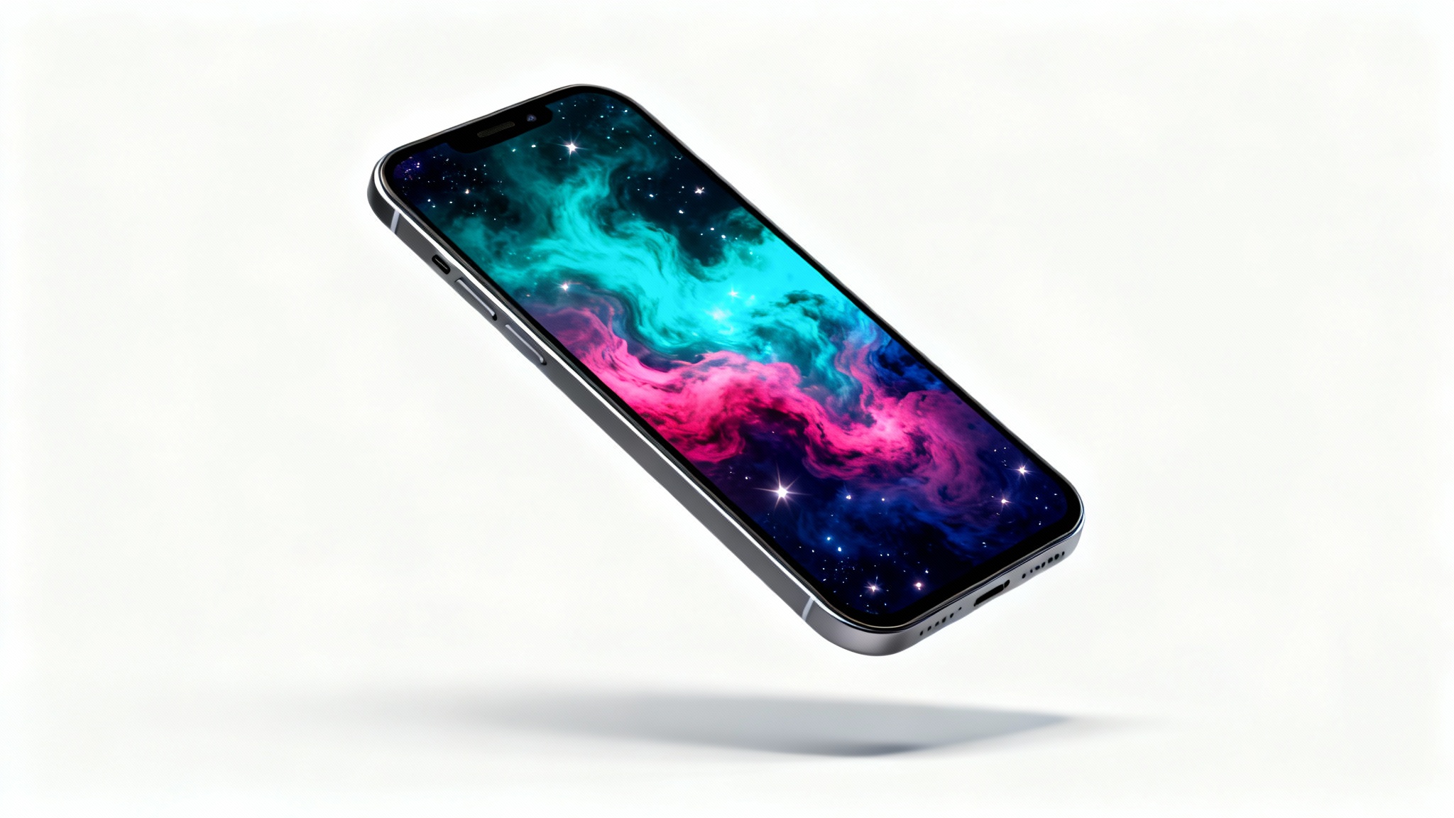 A photorealistic mockup of a modern smartphone displaying a vibrant cosmic nebula wallpaper, floating against a clean white background.