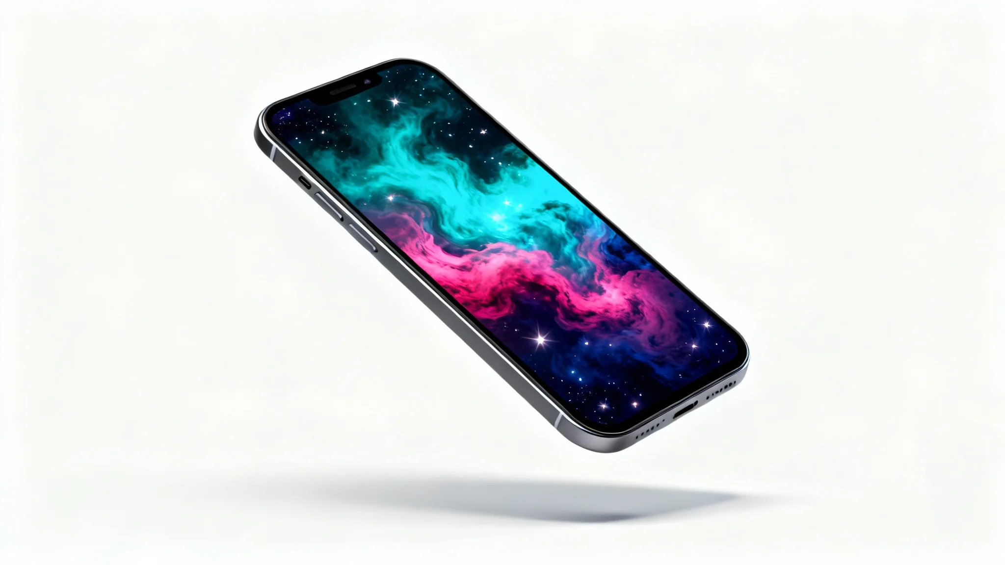 A photorealistic mockup of a modern smartphone displaying a vibrant cosmic nebula wallpaper, floating against a clean white background.