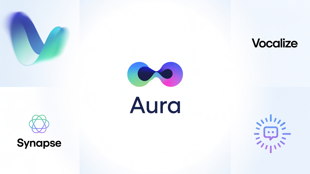A collection of four modern, professionally designed logos for voice assistant technology, displayed in a grid on a clean white background, showcasing different styles and color palettes.