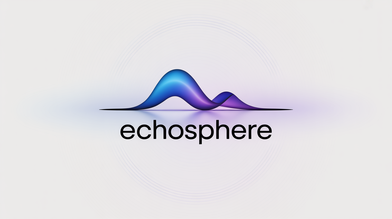 A modern logo for a voice assistant named 'EchoSphere', featuring a blue and purple sound wave icon above the brand name on a white background.