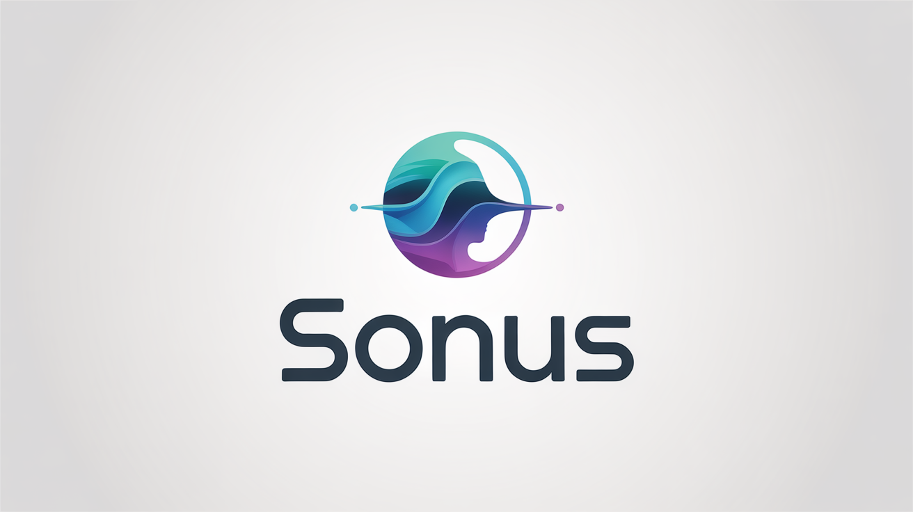 A minimalist logo for a voice assistant, featuring a circular design with a sound wave in a blue and purple gradient. The fictional brand name 'SONUS' is written below it on a white background.