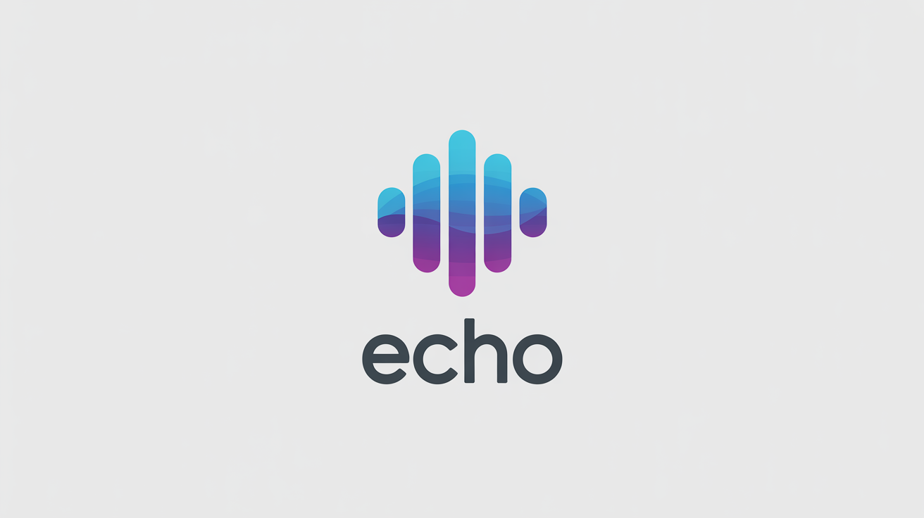 A minimalist logo for a voice assistant named 'Echo'. The logo features a circular sound wave icon in a blue-to-purple gradient, with the name 'Echo' written underneath in a modern font, all on a clean white background.