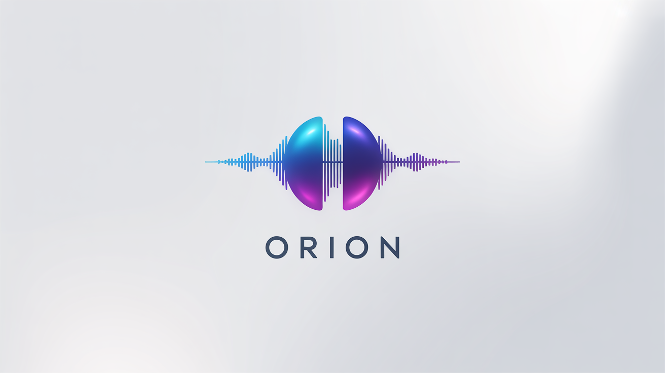 A modern logo for a voice assistant named 'ORION', featuring a circular blue-to-violet gradient sound wave icon above the text, set against a white background.