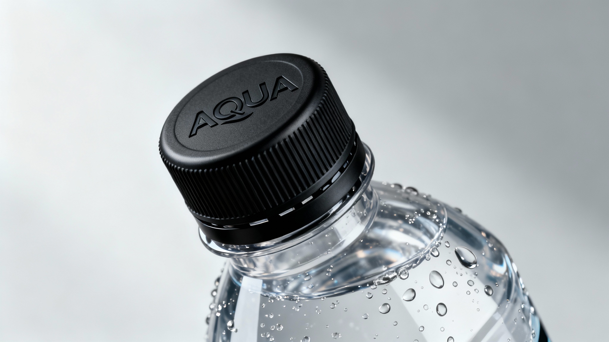 A photorealistic hero image showcasing a 3D-modeled black bottle cap on a premium beverage bottle, set against a clean studio background. The cap features a textured grip and an embossed logo.