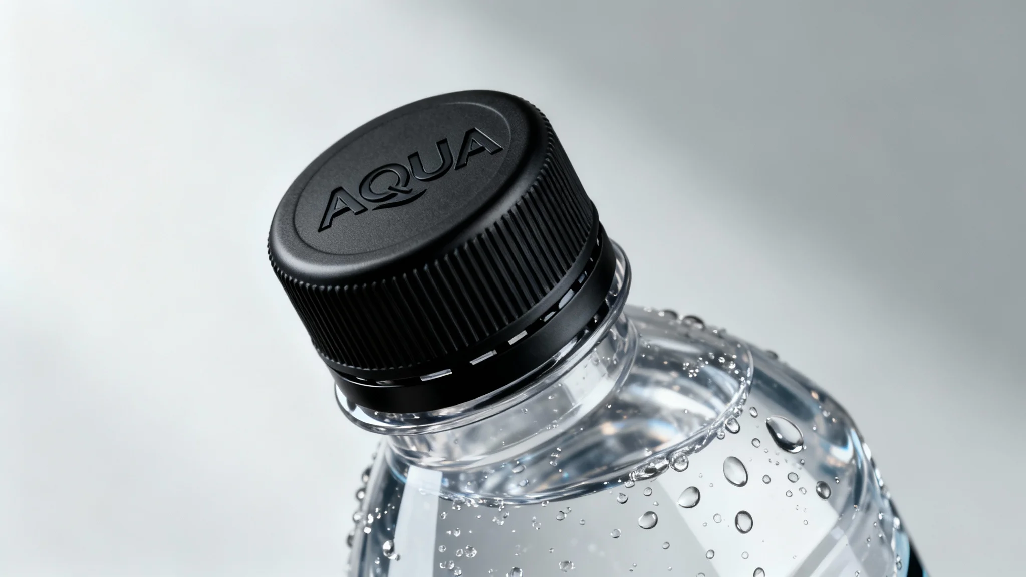 A photorealistic hero image showcasing a 3D-modeled black bottle cap on a premium beverage bottle, set against a clean studio background. The cap features a textured grip and an embossed logo.