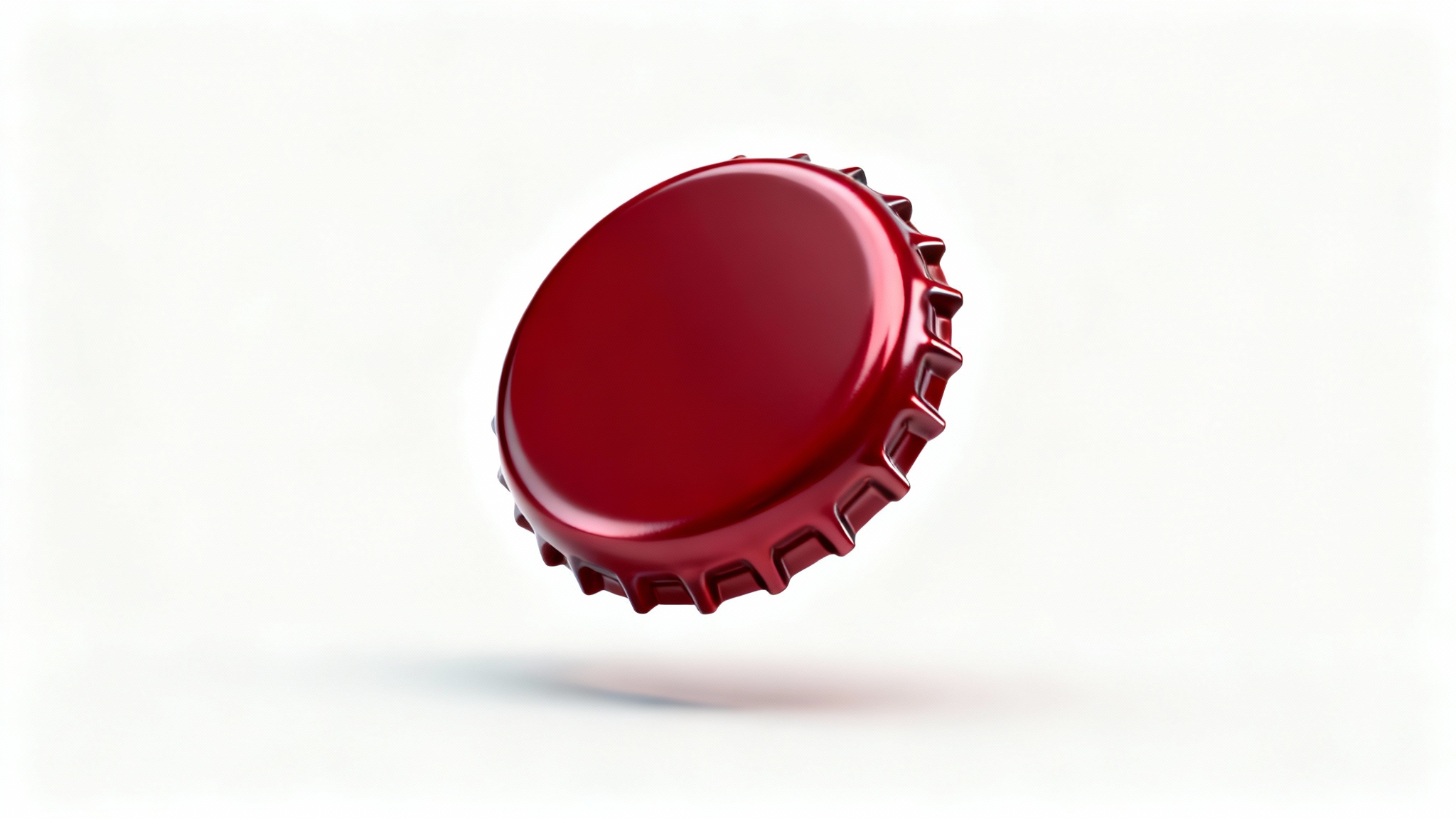 A photorealistic 3D model of a glossy red metal bottle cap with crimped edges, floating against a plain white background.