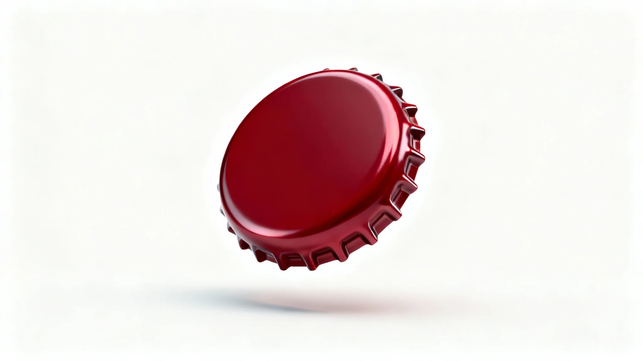 A photorealistic 3D model of a glossy red metal bottle cap with crimped edges, floating against a plain white background.