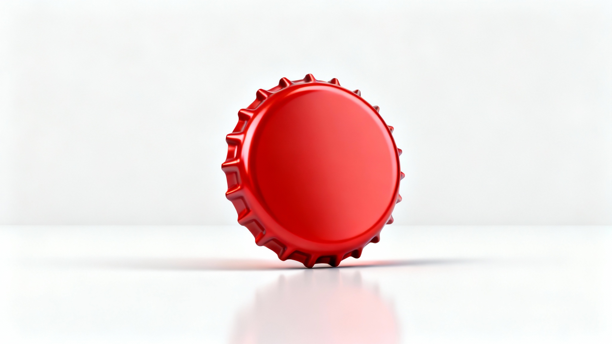A photorealistic 3D model of a single, glossy red bottle cap standing upright on a clean white surface against a white background, highlighting its detailed design.