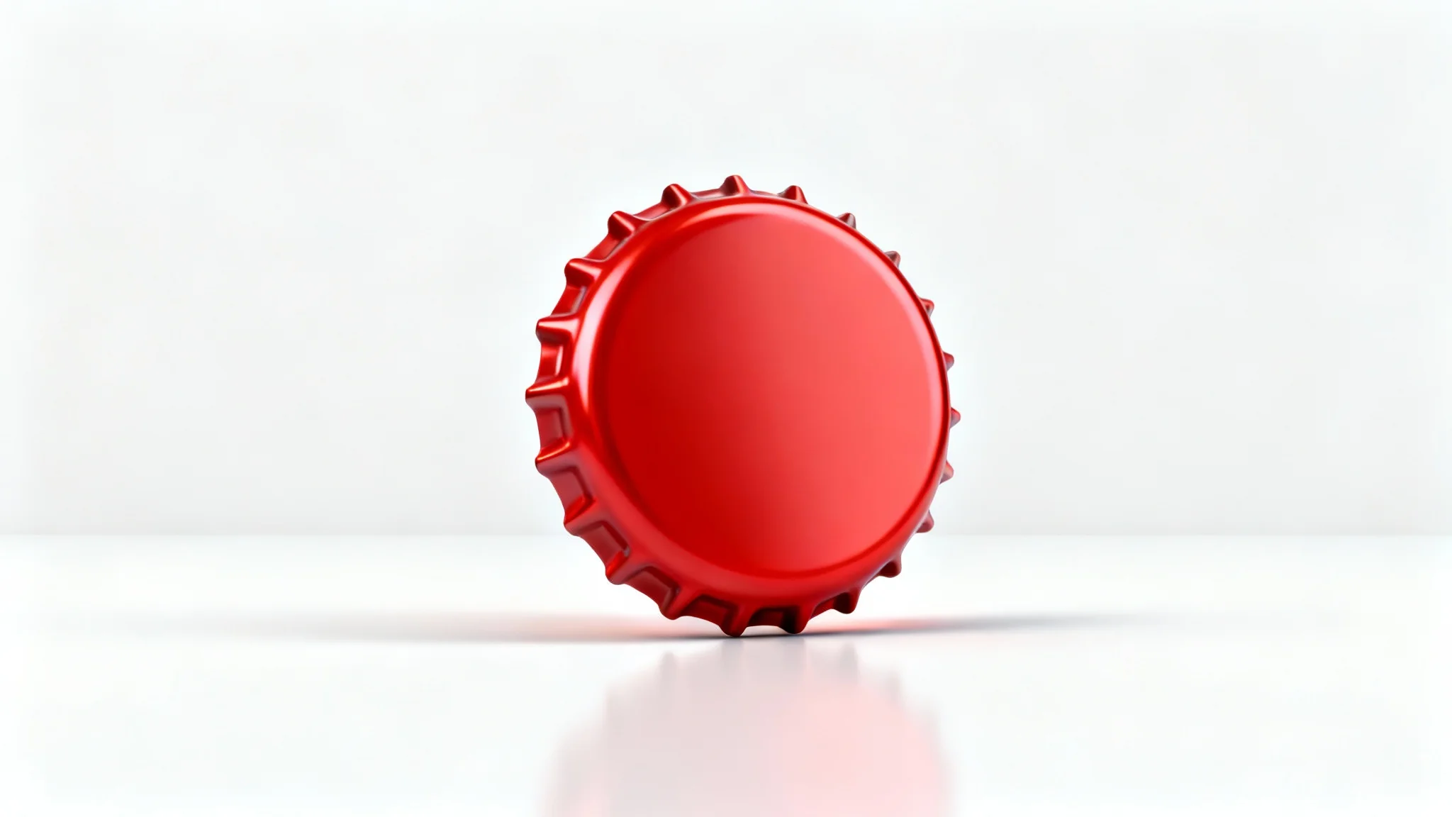 A photorealistic 3D model of a single, glossy red bottle cap standing upright on a clean white surface against a white background, highlighting its detailed design.
