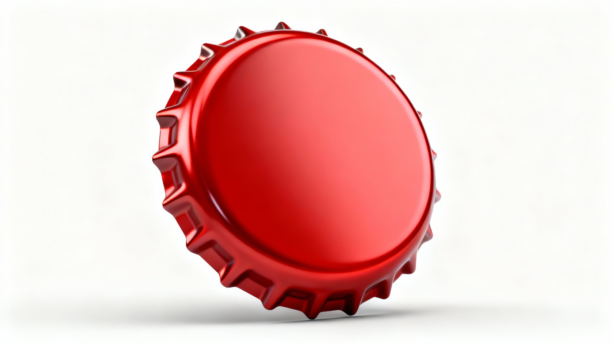 A photorealistic 3D model of a single, vibrant red metal bottle cap standing on a clean white background, showcasing its glossy texture and detailed edges.