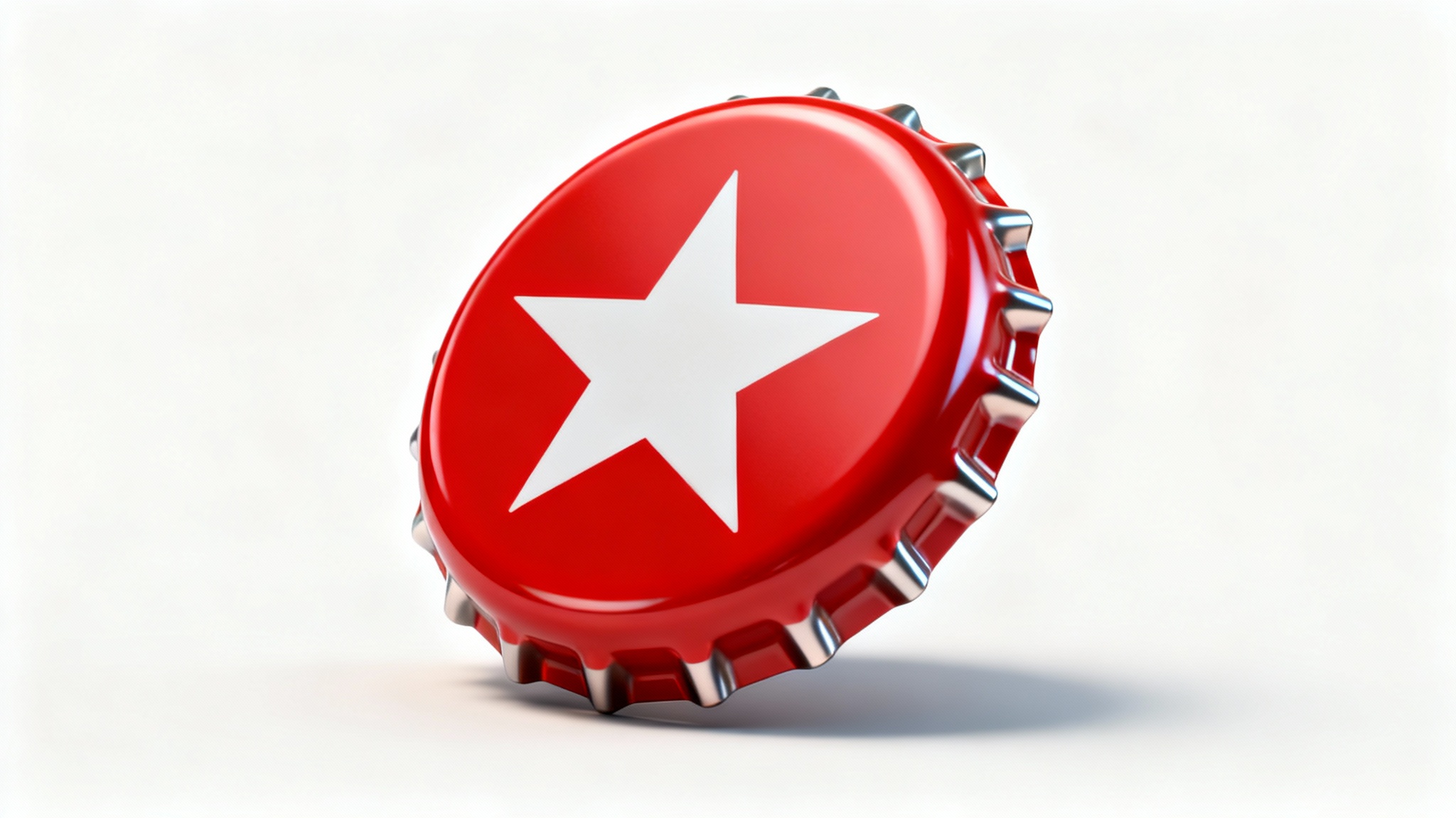 A photorealistic 3D model of a red metal bottle cap with a white star, showcased on a clean white background.