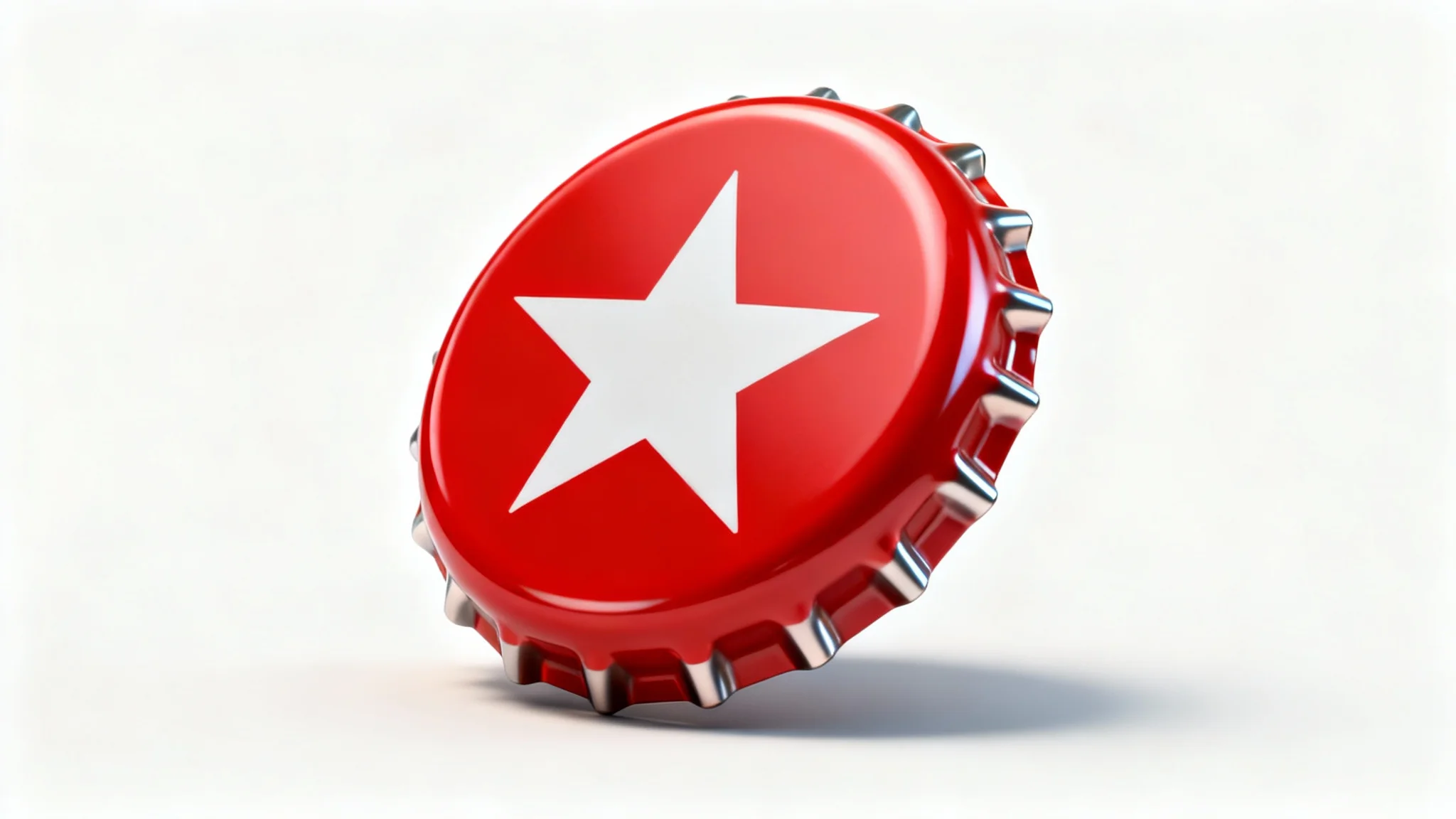 A photorealistic 3D model of a red metal bottle cap with a white star, showcased on a clean white background.